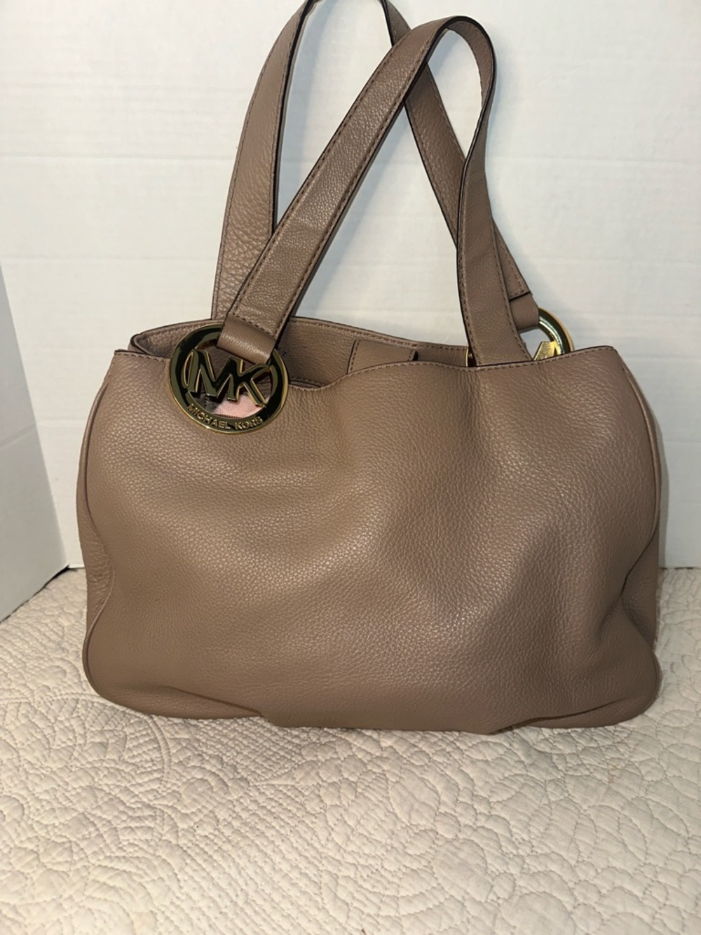 Michael Kors Taupe Brown Pebbled Leather Shoulder Bag with Gold‎ Logo